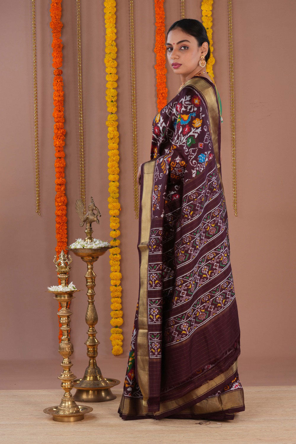 Pochampally Ikat Silk Brown Saree