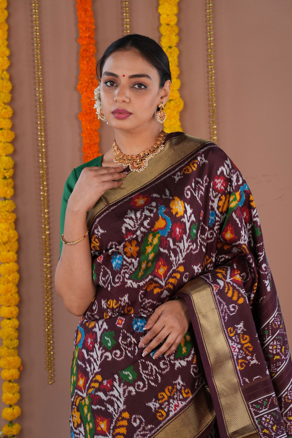 Image of Pochampally Ikat Silk Brown Saree