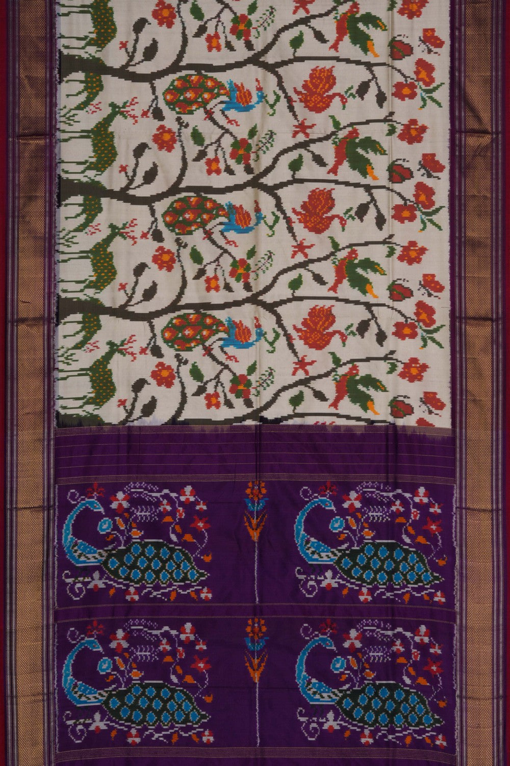 Pochampally Ikat Silk Off White Saree