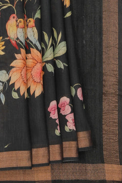 Image of Floral Painted Tussar Silk Saree