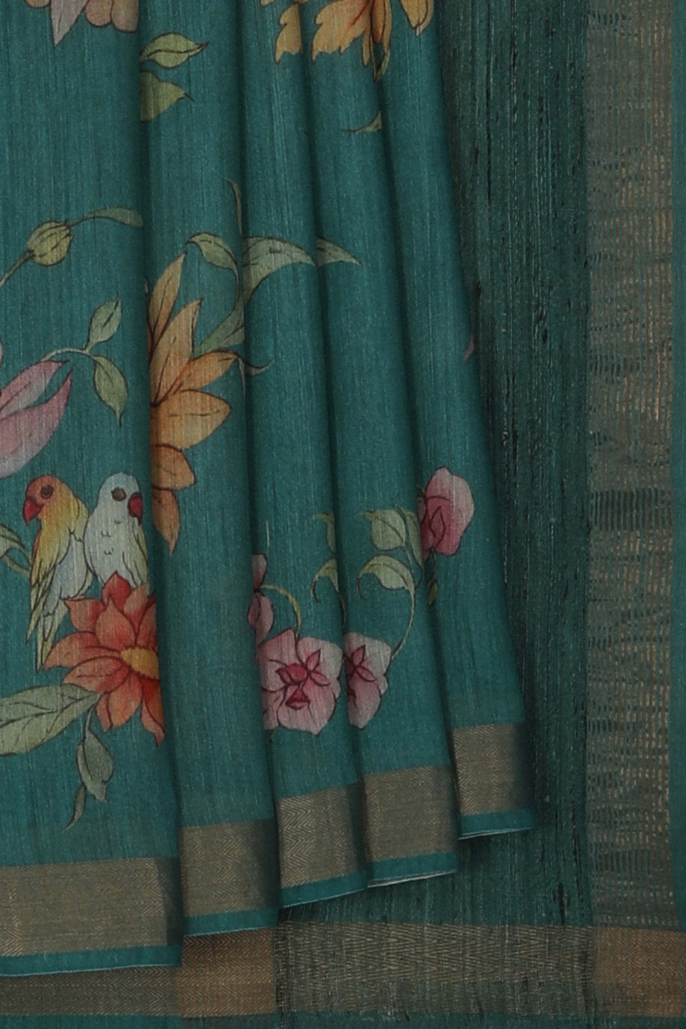 Image of Floral Painted Tussar Silk Saree