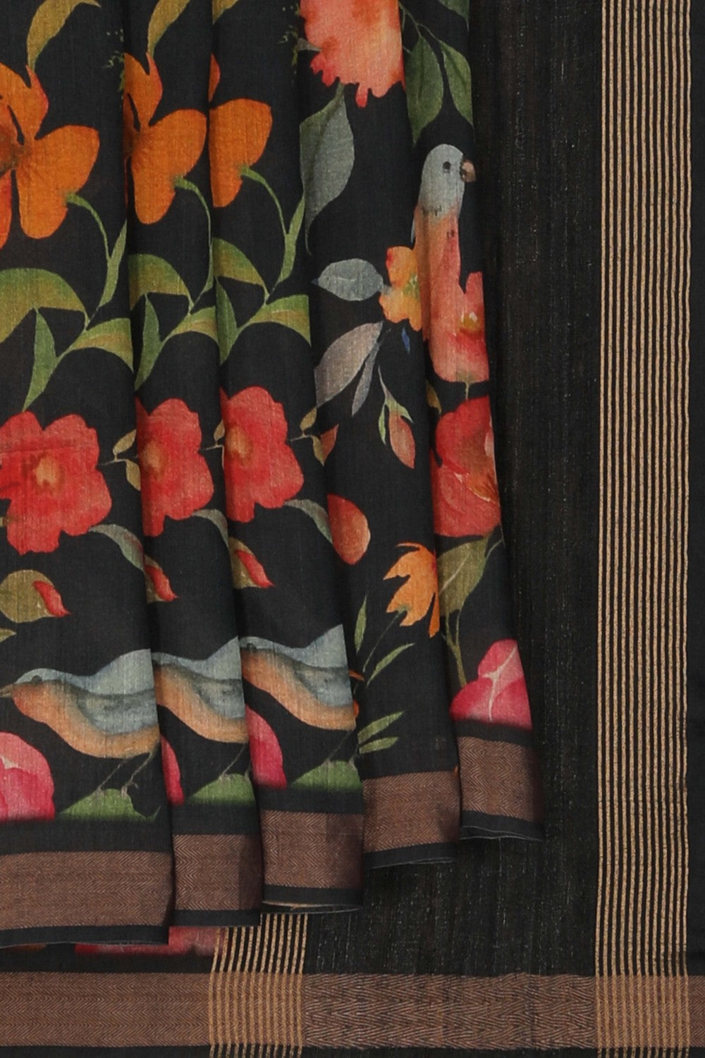 Image of Floral Painted Tussar Silk Saree