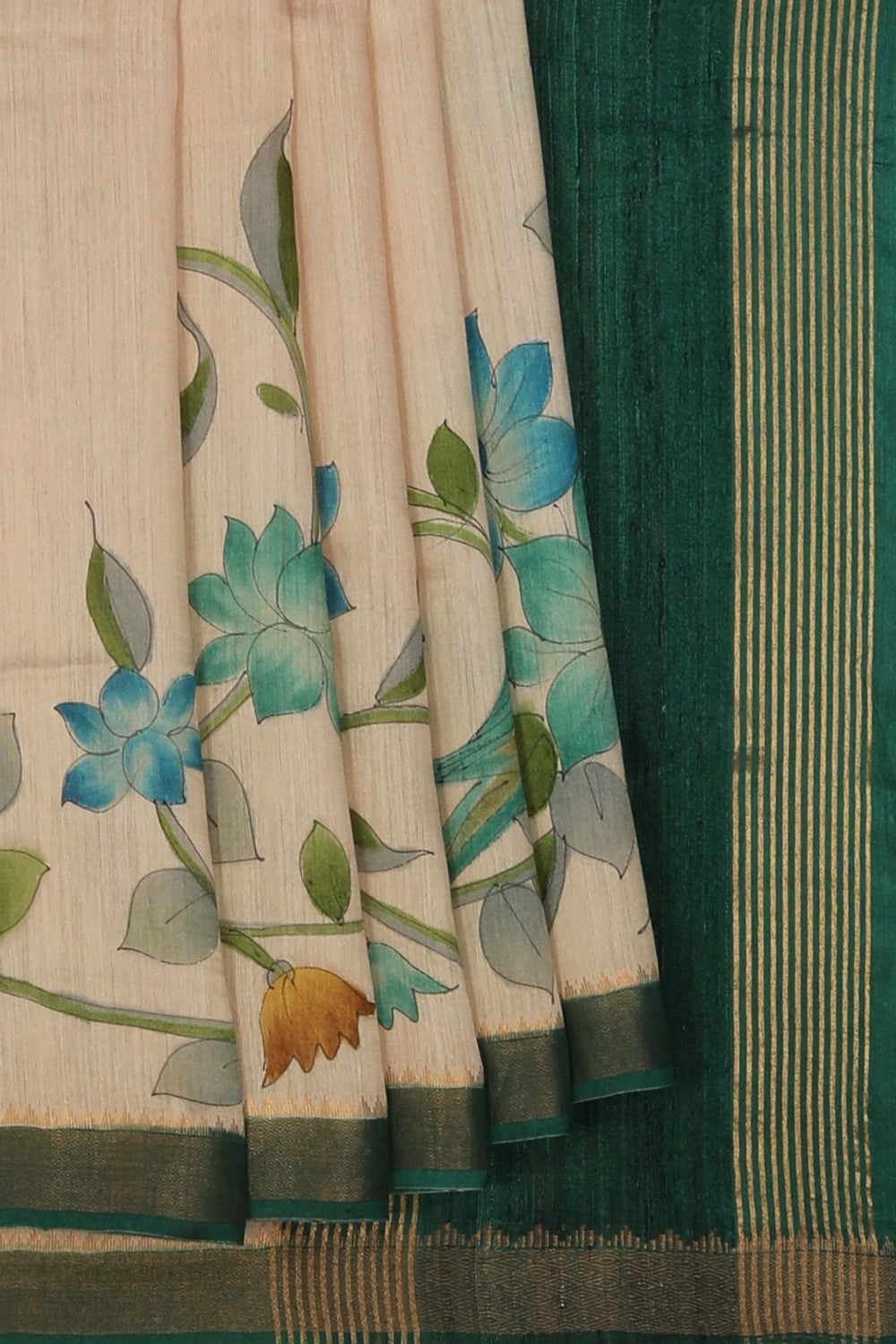 Image of Floral Painted Tussar Silk Saree