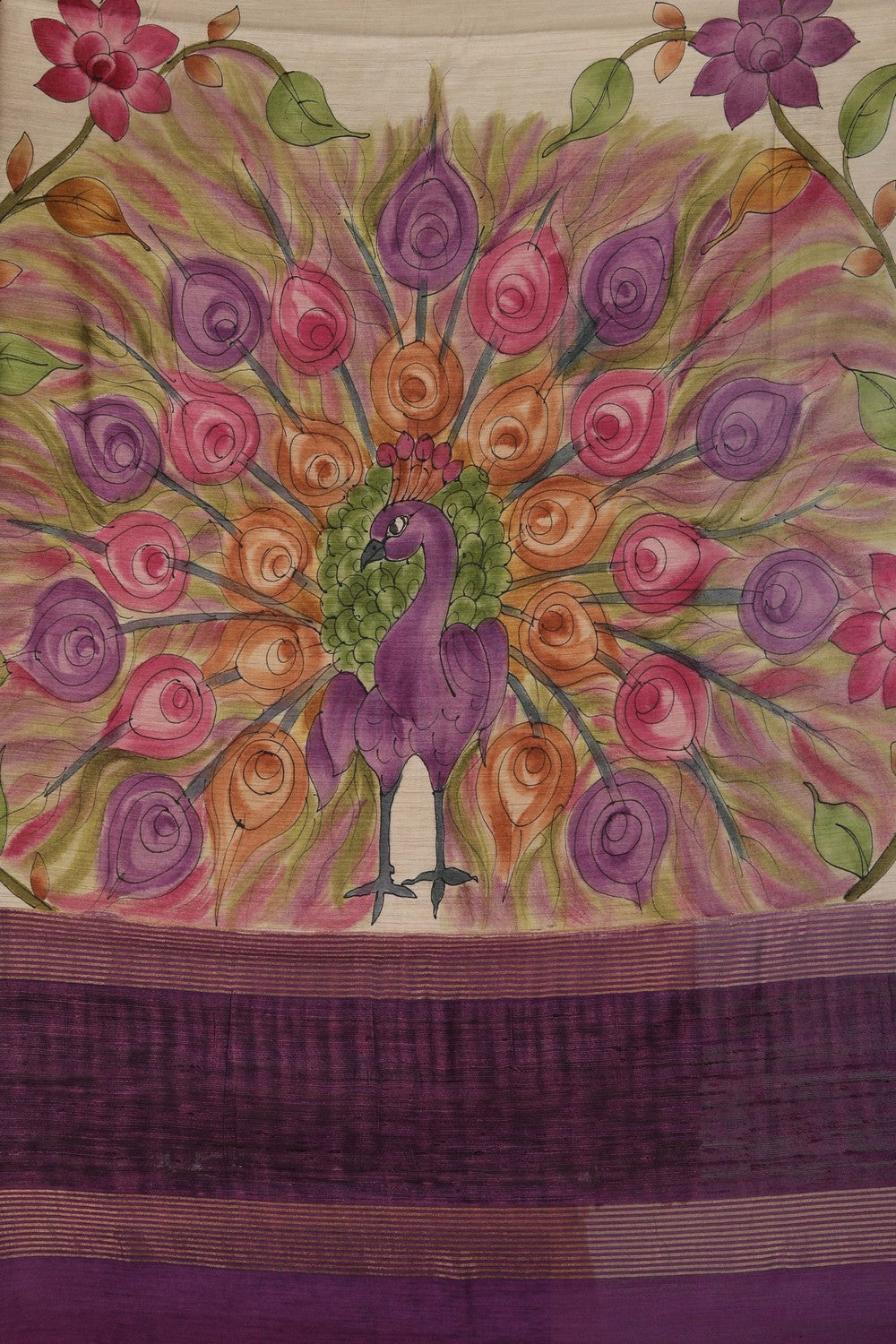 Image of Floral Painted Tussar Silk Saree