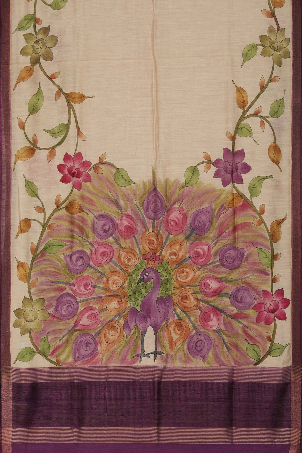 Image of Floral Painted Tussar Silk Saree