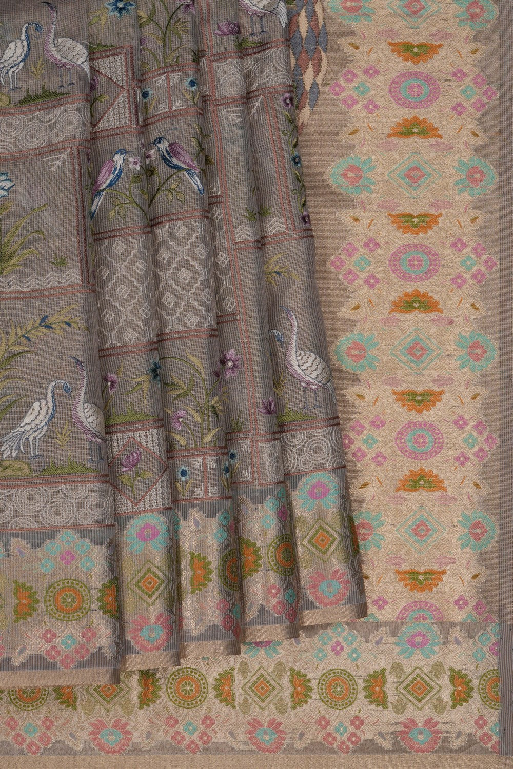 Image of Tissue Embroidery Silver Saree