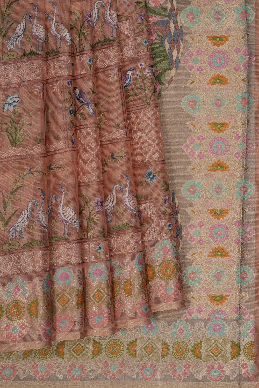 Image of Tissue Embroidery Peach Saree