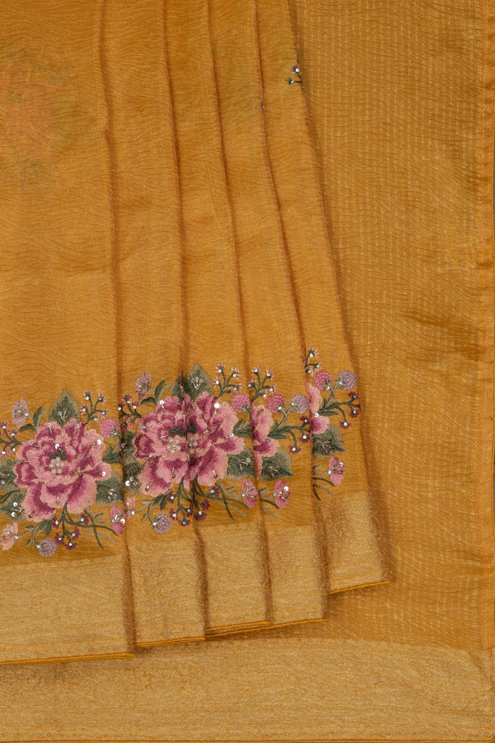Image of Embroidered Tissue Yellow Saree