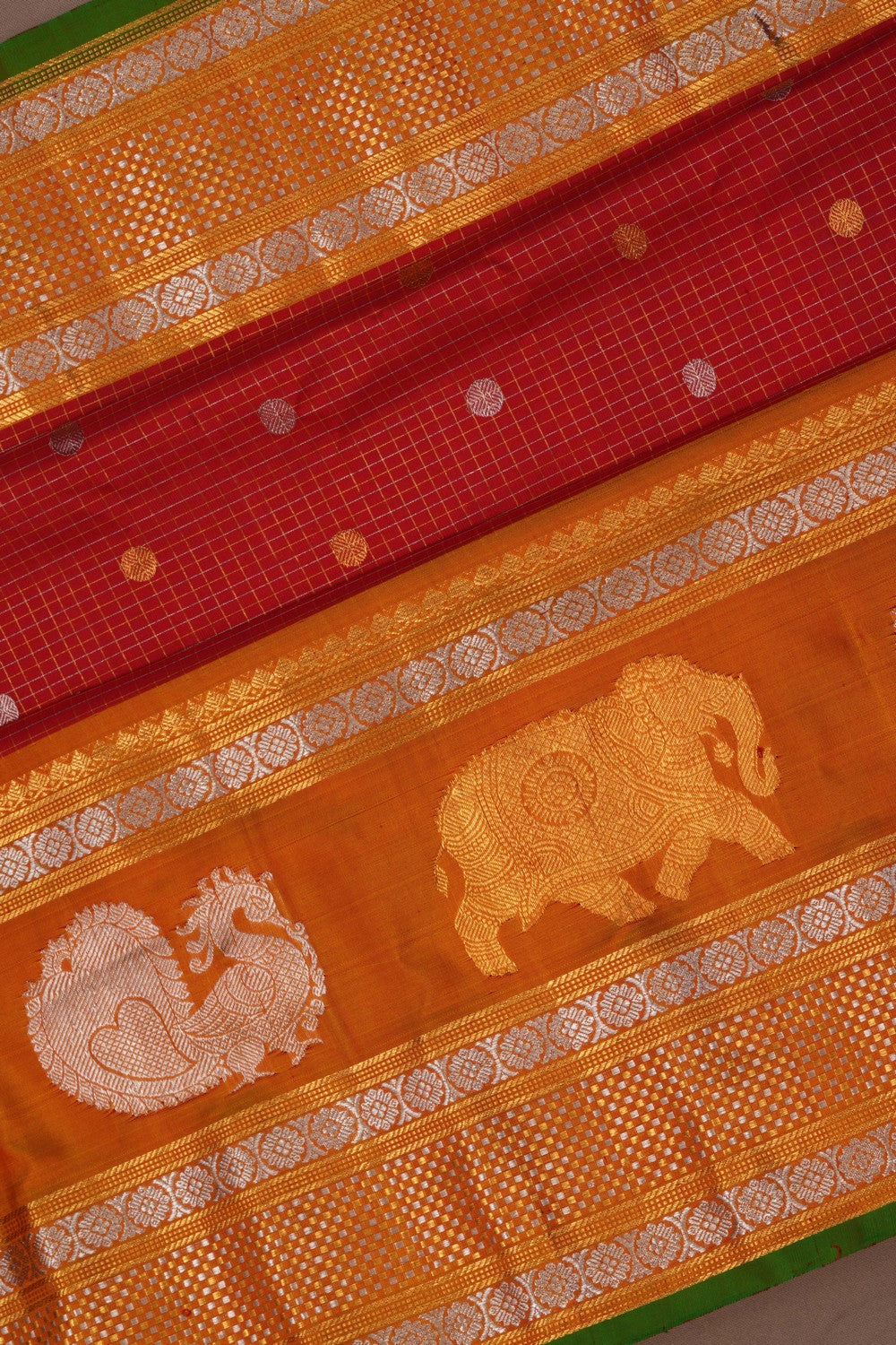 Image of Gadwal Silk Kattam Red Saree