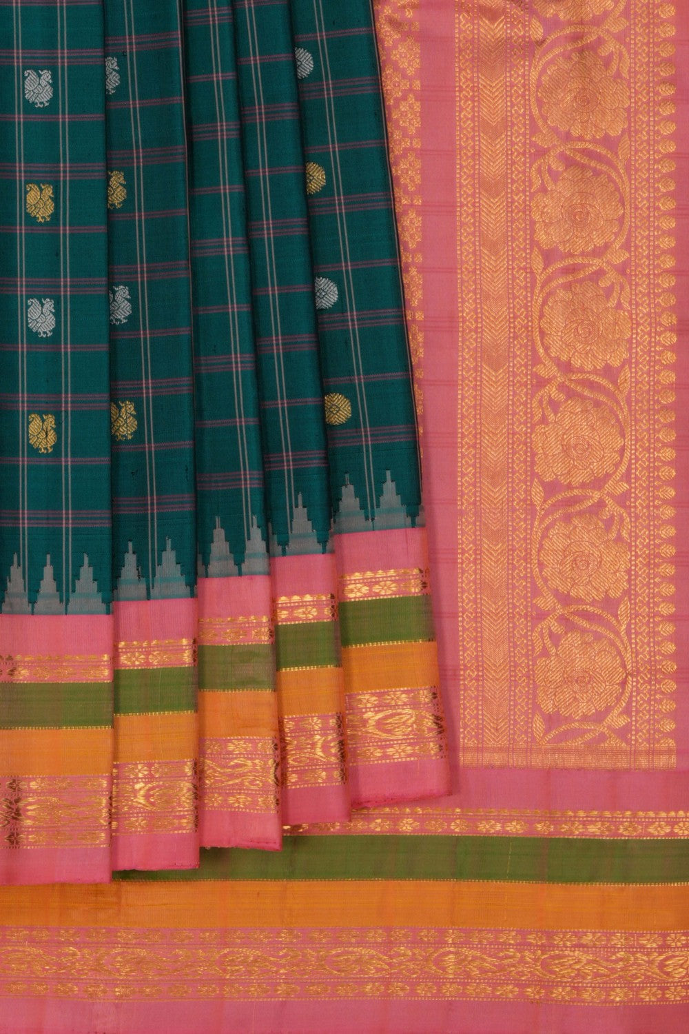 Gadwal Silk Kattam Teal Green Saree