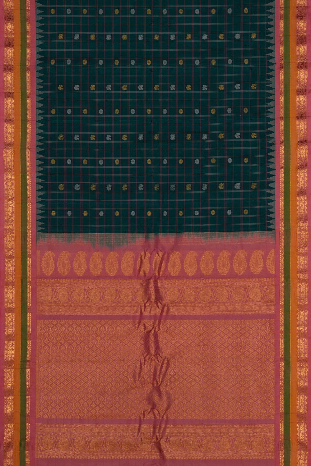 Gadwal Silk Kattam Teal Green Saree