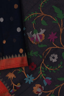 Image of Cotton Jamdani Navy Blue Saree