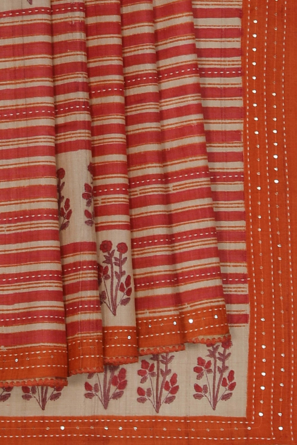 Image of Kantha Stitch Tussar Silk Saree