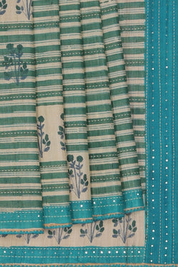 Image of Kantha Stitch Tussar Silk Saree
