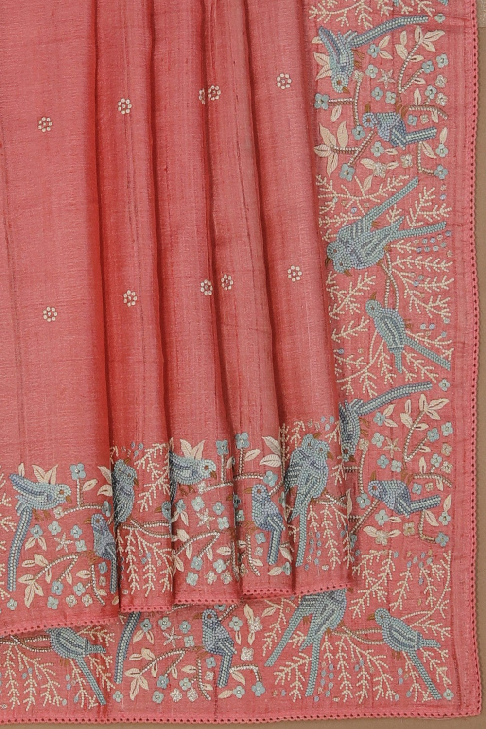 Tussar Silk Coral Pink Saree