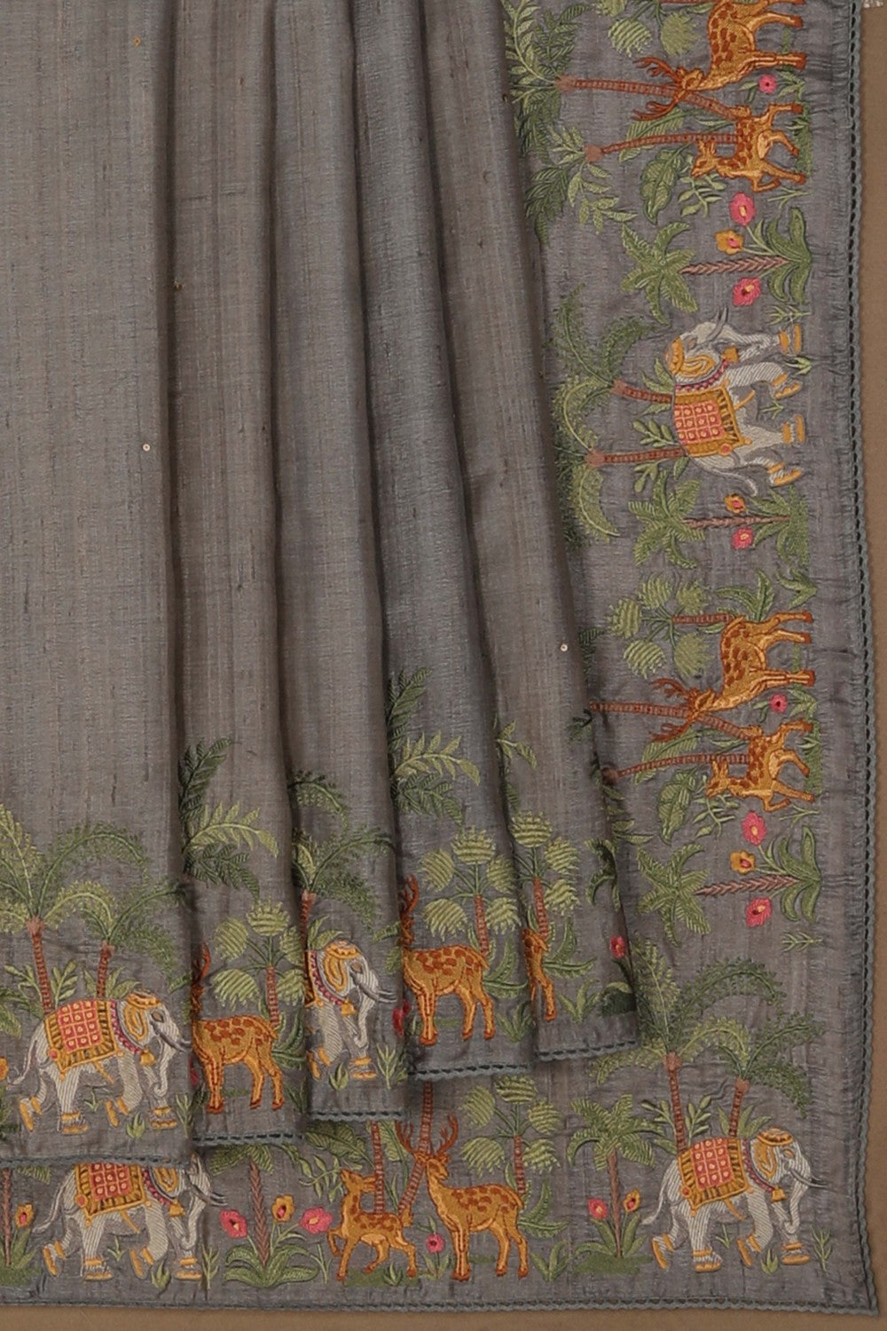 Image of Tussar Silk Grey Saree