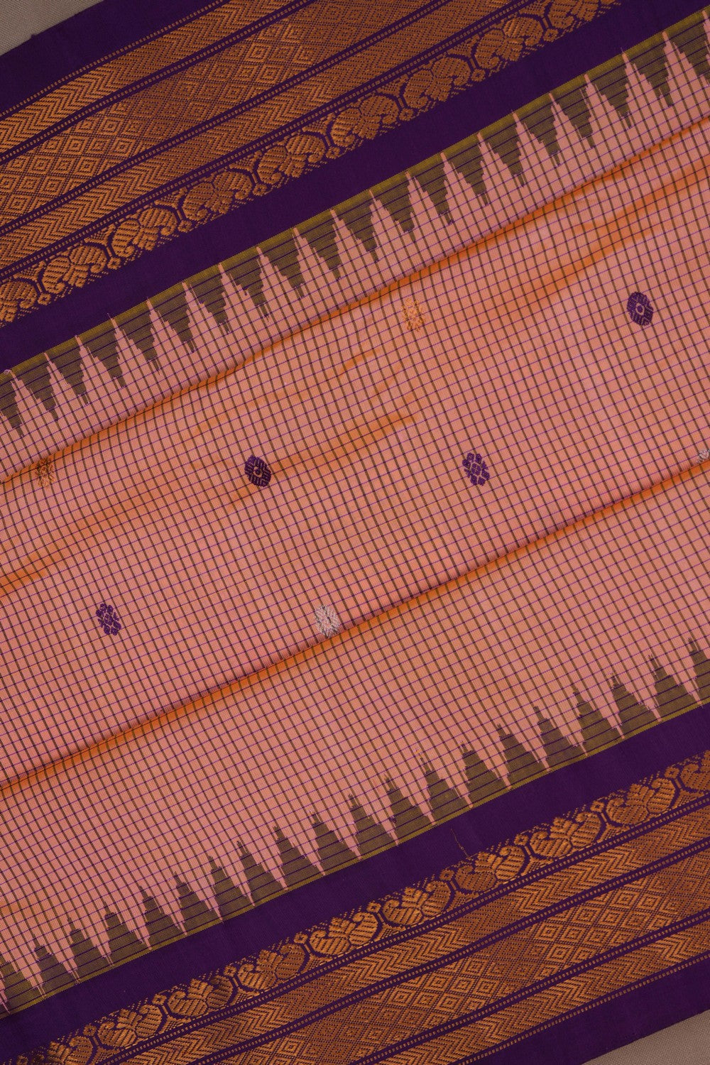 Image of Gadwal Silk Kattam Peach Saree