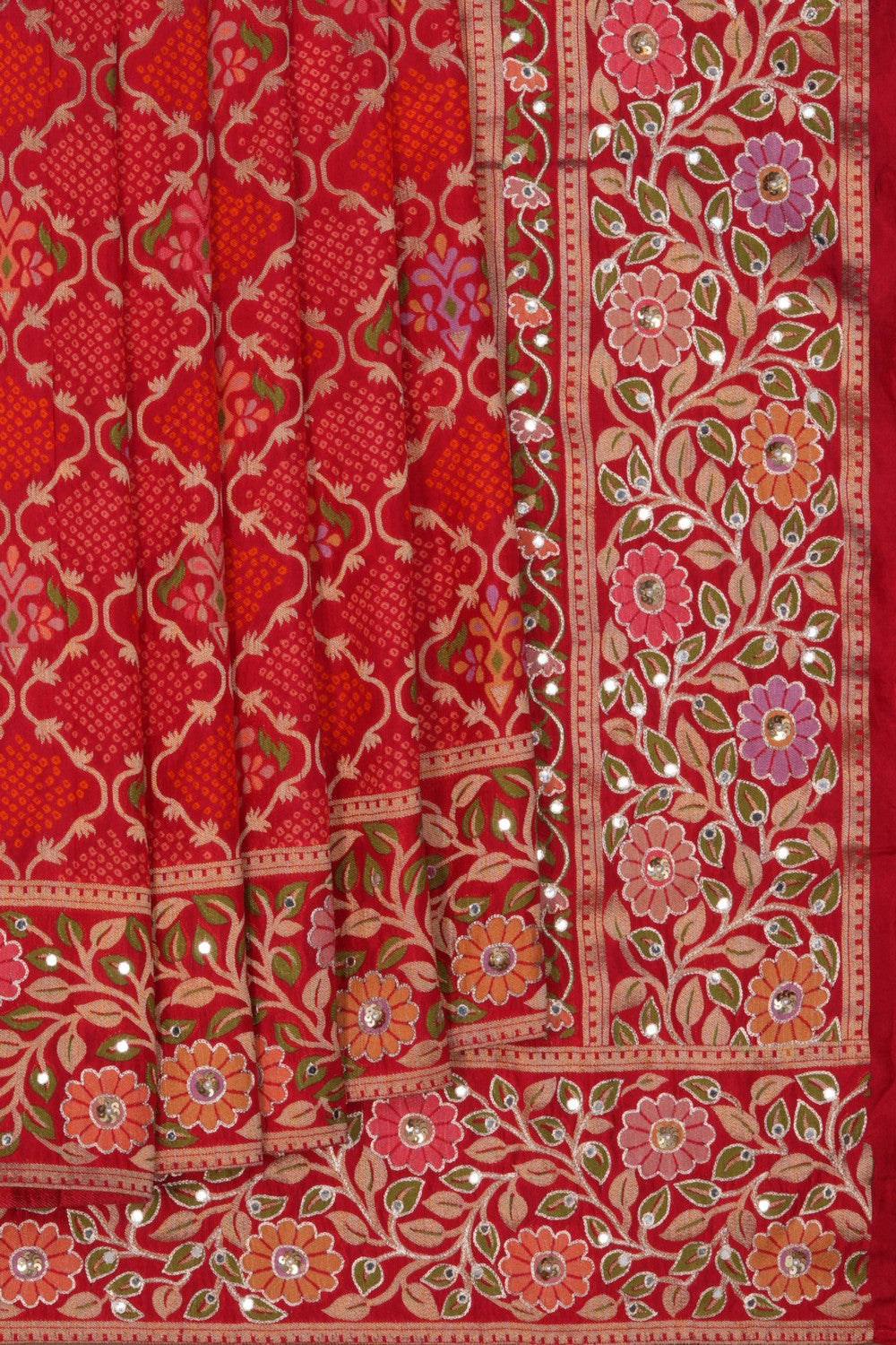 Image of Bandhani Embroidered Red Saree
