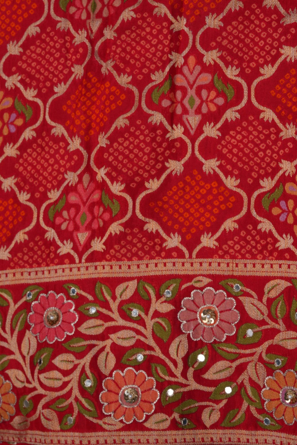 Image of Bandhani Embroidered Red Saree