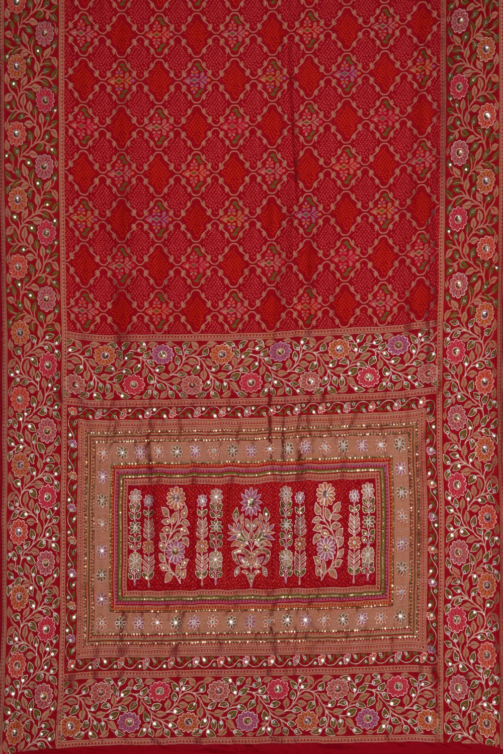 Image of Bandhani Embroidered Red Saree