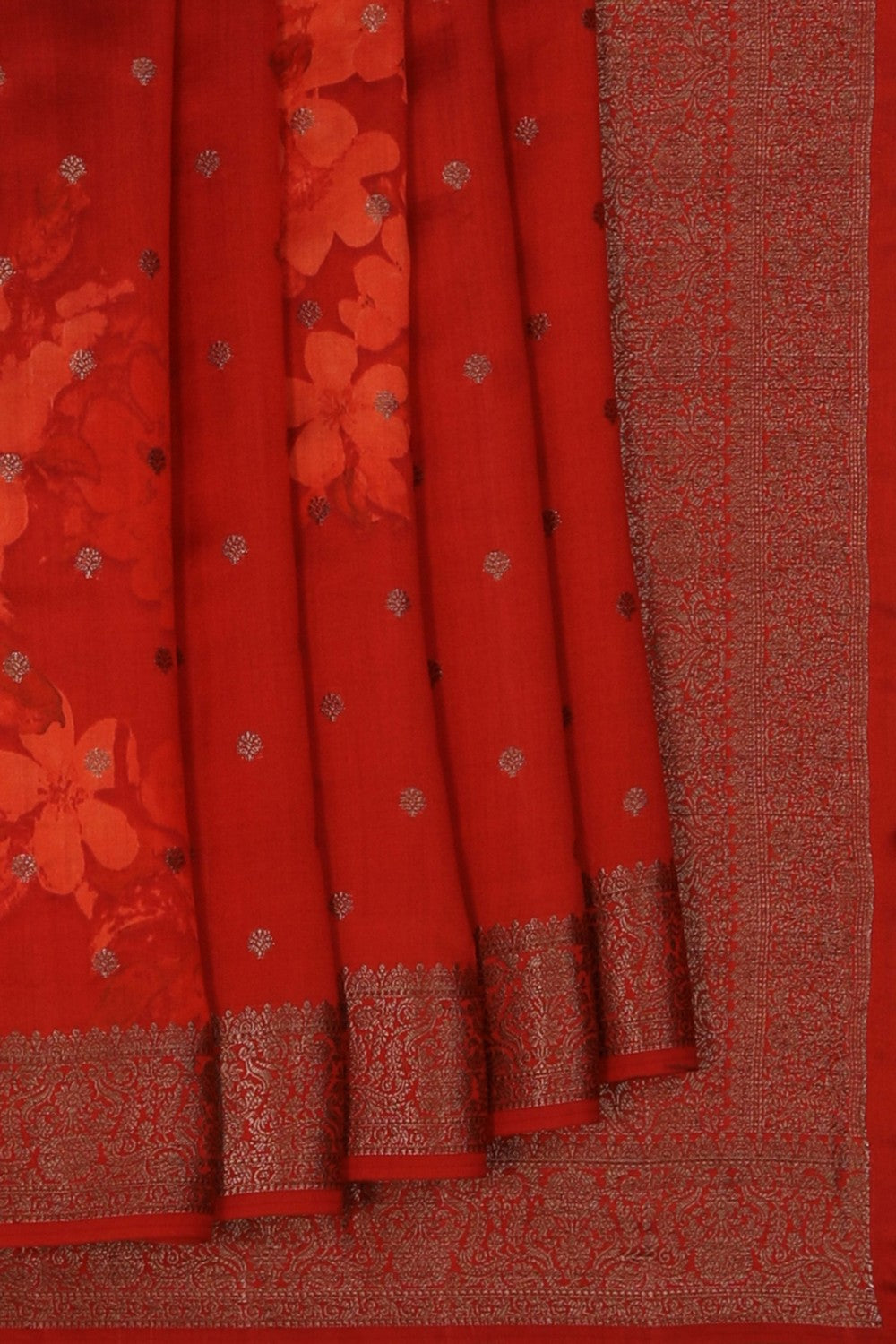 Floral Printed Silk Red Saree