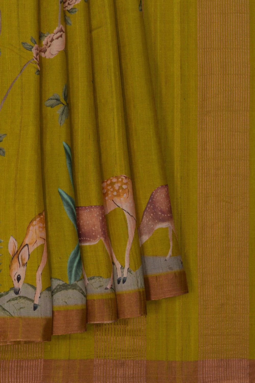 Image of Floral Printed Tussar Silk Green Saree
