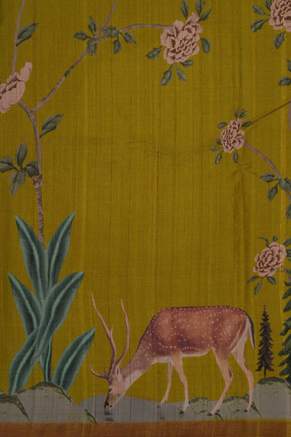 Image of Floral Printed Tussar Silk Green Saree