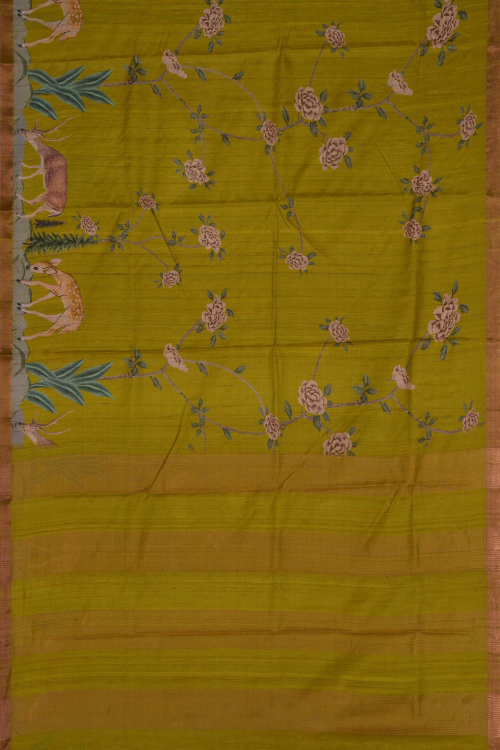 Image of Floral Printed Tussar Silk Green Saree