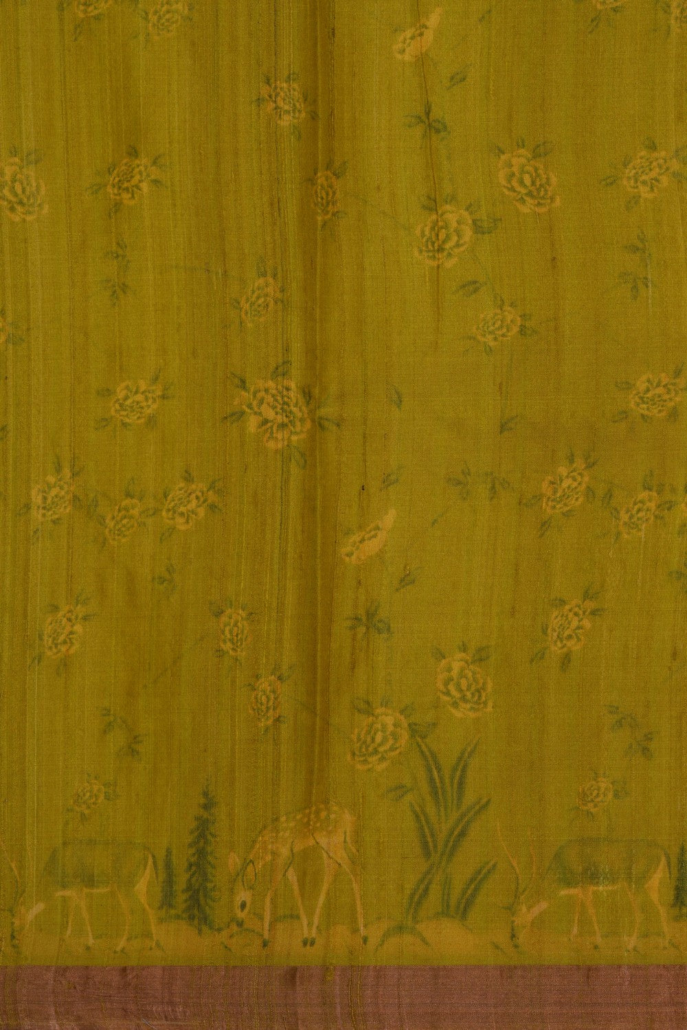 Image of Floral Printed Tussar Silk Green Saree