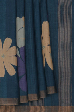Image of Floral Printed Tussar Silk Blue Saree