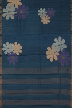 Image of Floral Printed Tussar Silk Blue Saree