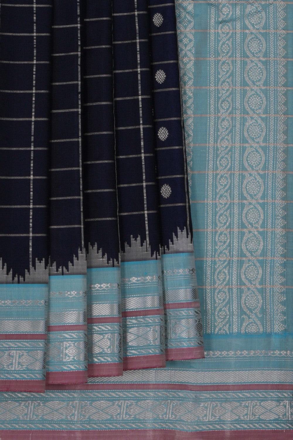 Image of Gadwal Silk Kattam Navy Blue Saree