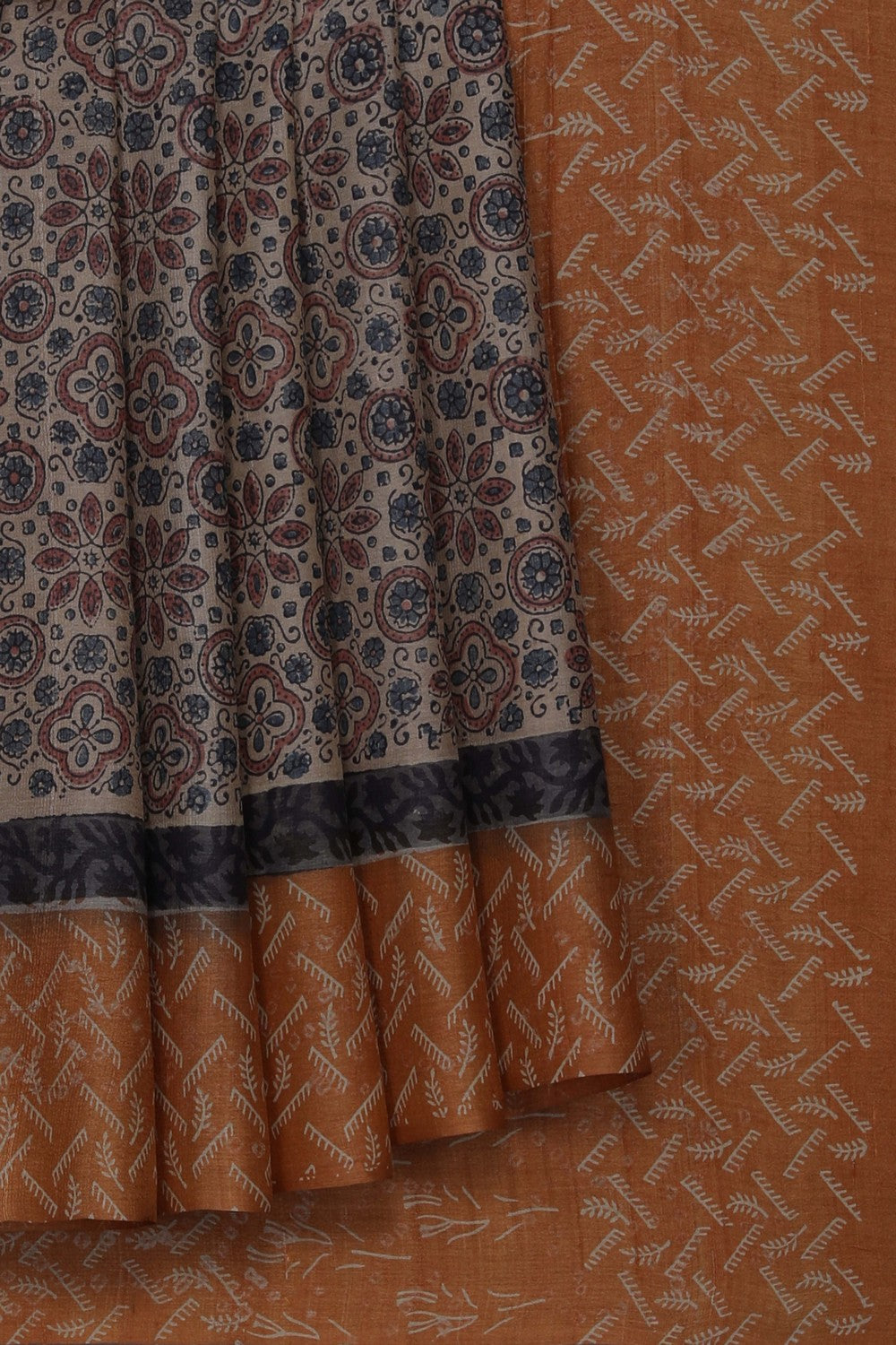 Image of Ajrakh Prints Desi Tussar Beige Saree