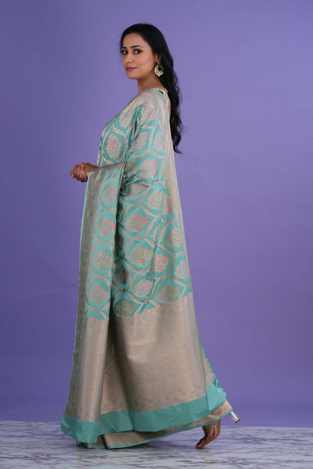 Image of Banarasi Katan Silk Turquoise Green Saree