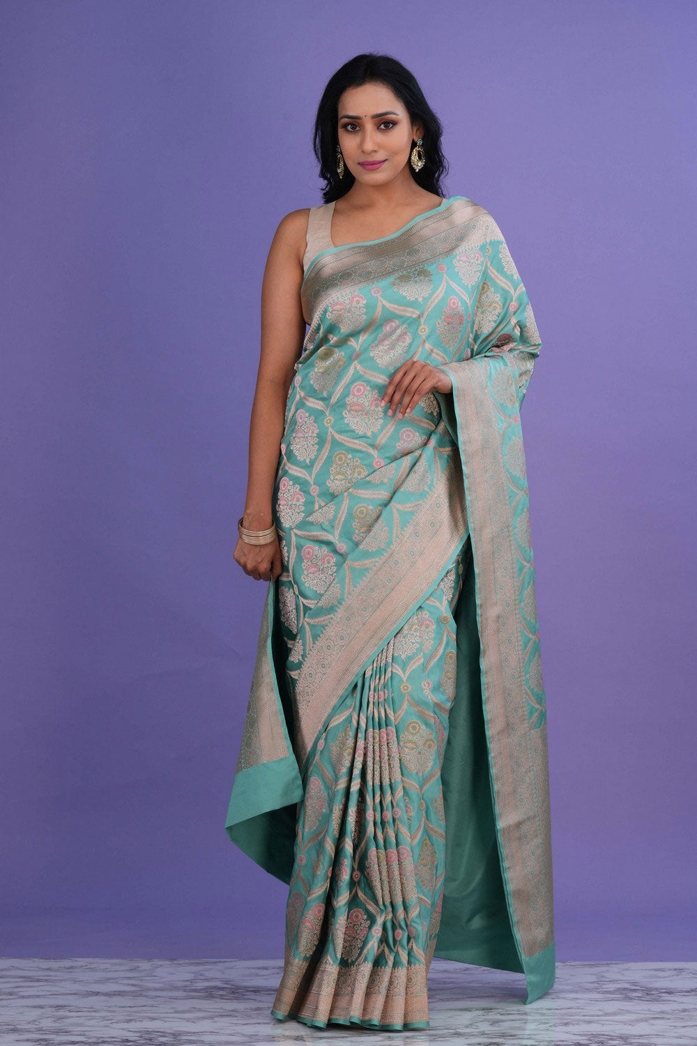 Image of Banarasi Katan Silk Turquoise Green Saree