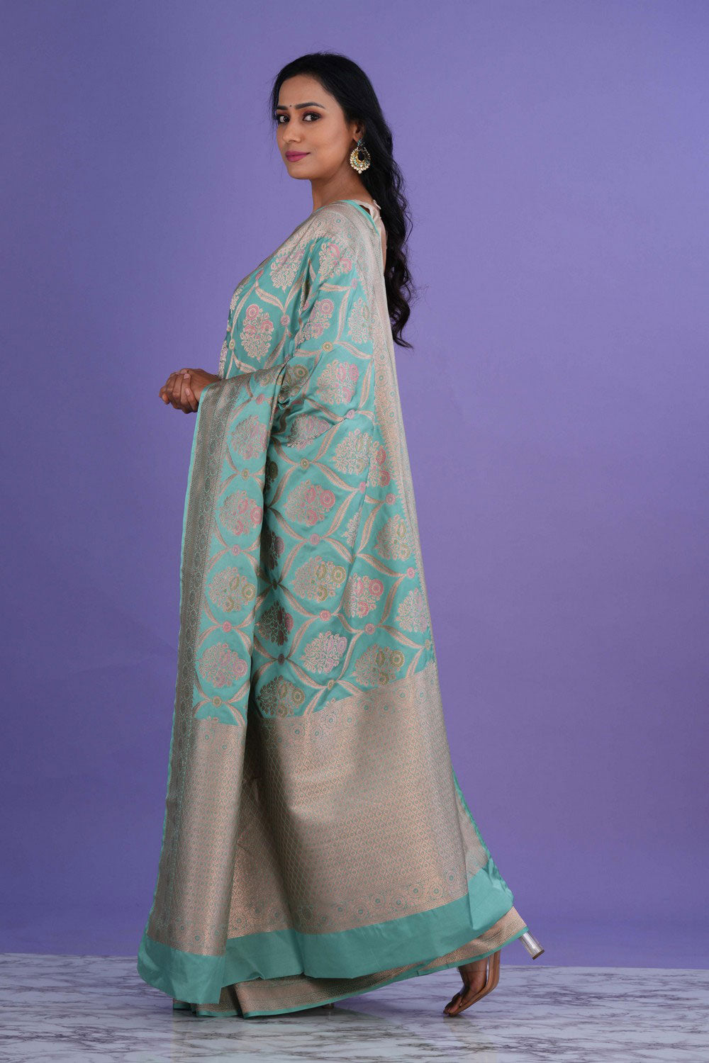 Image of Banarasi Katan Silk Turquoise Green Saree