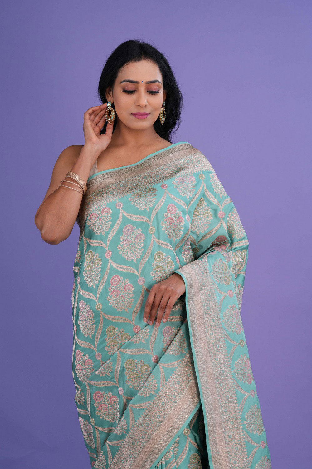 Image of Banarasi Katan Silk Turquoise Green Saree