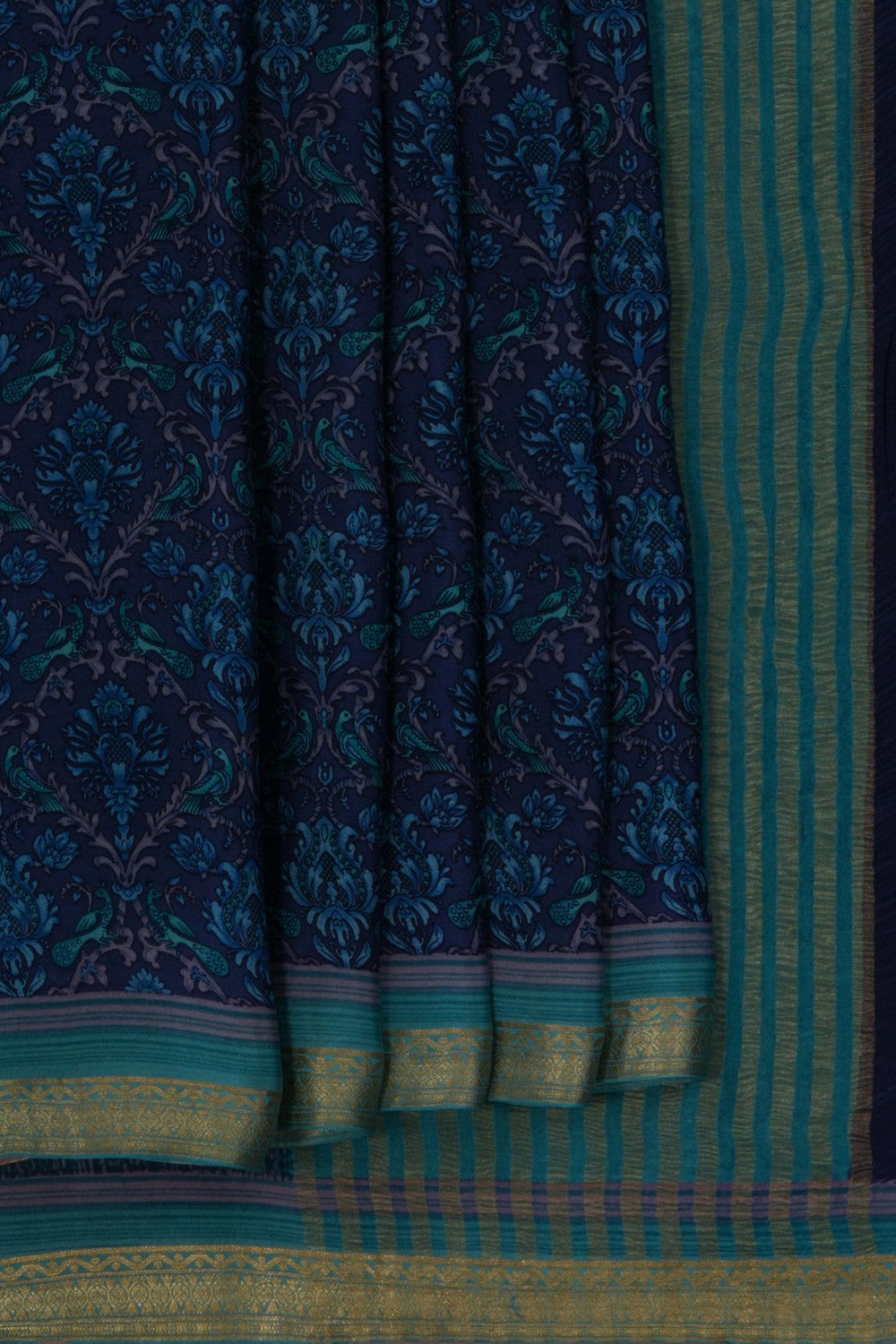 Image of Floral Printed Blue Saree