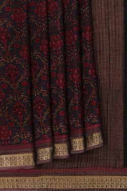 Image of Floral Printed Blue Saree