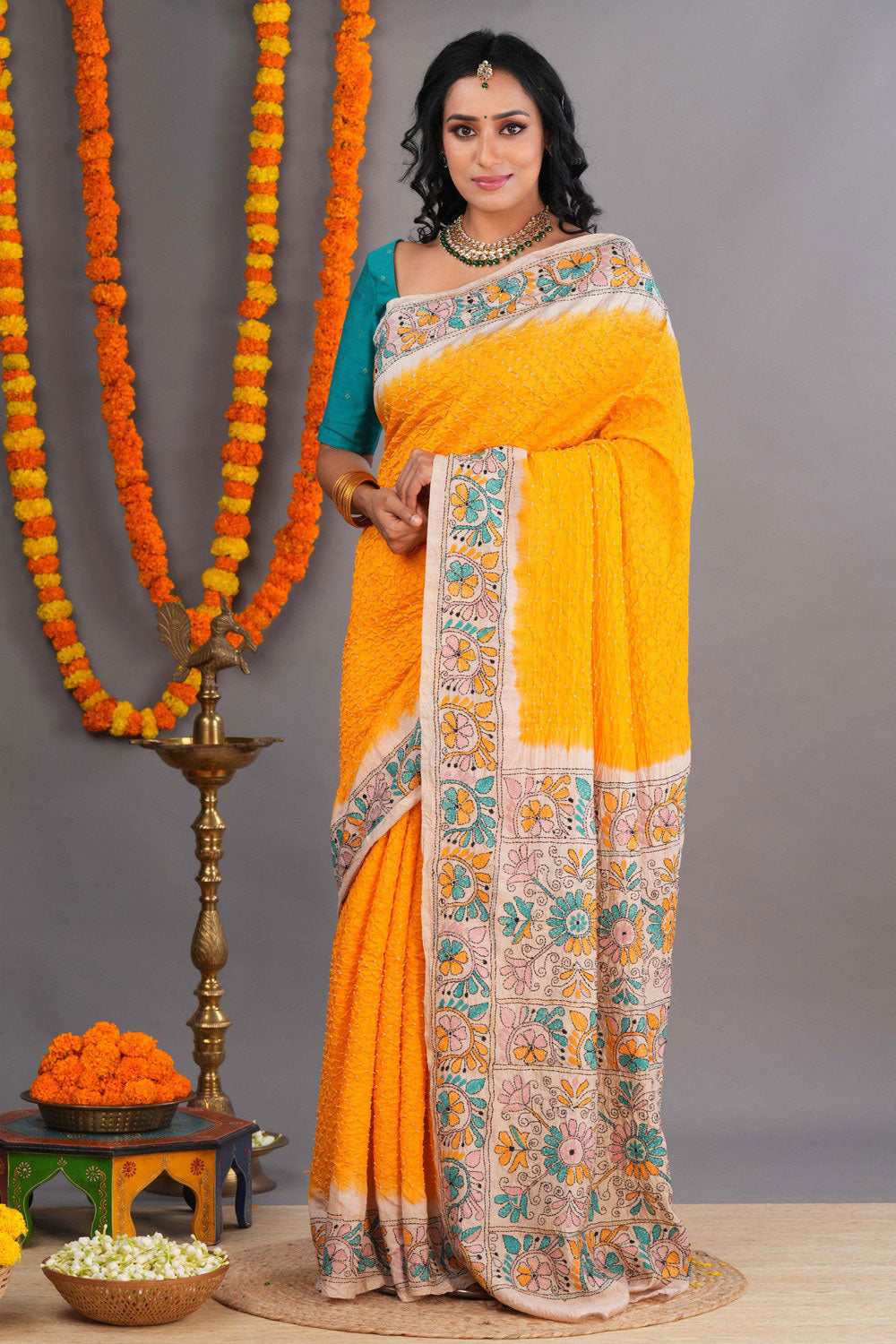 Bandhani Saree With Kantha Embroidered Border