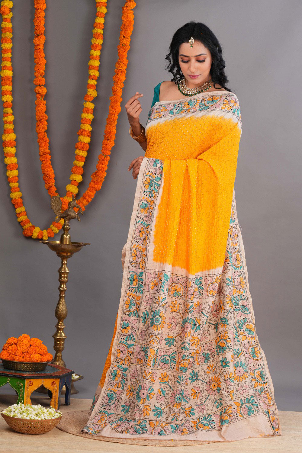 Bandhani Saree With Kantha Embroidered Border