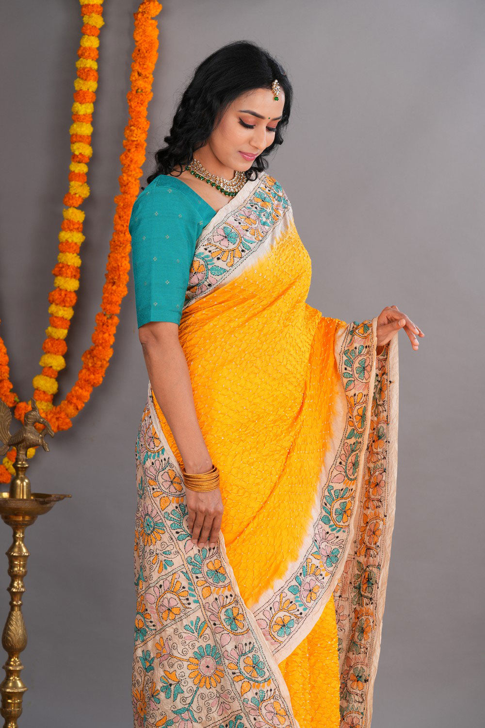 Image of Bandhani Saree With Kantha Embroidered Border