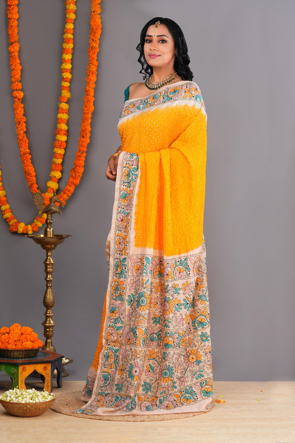 Image of Bandhani Saree With Kantha Embroidered Border
