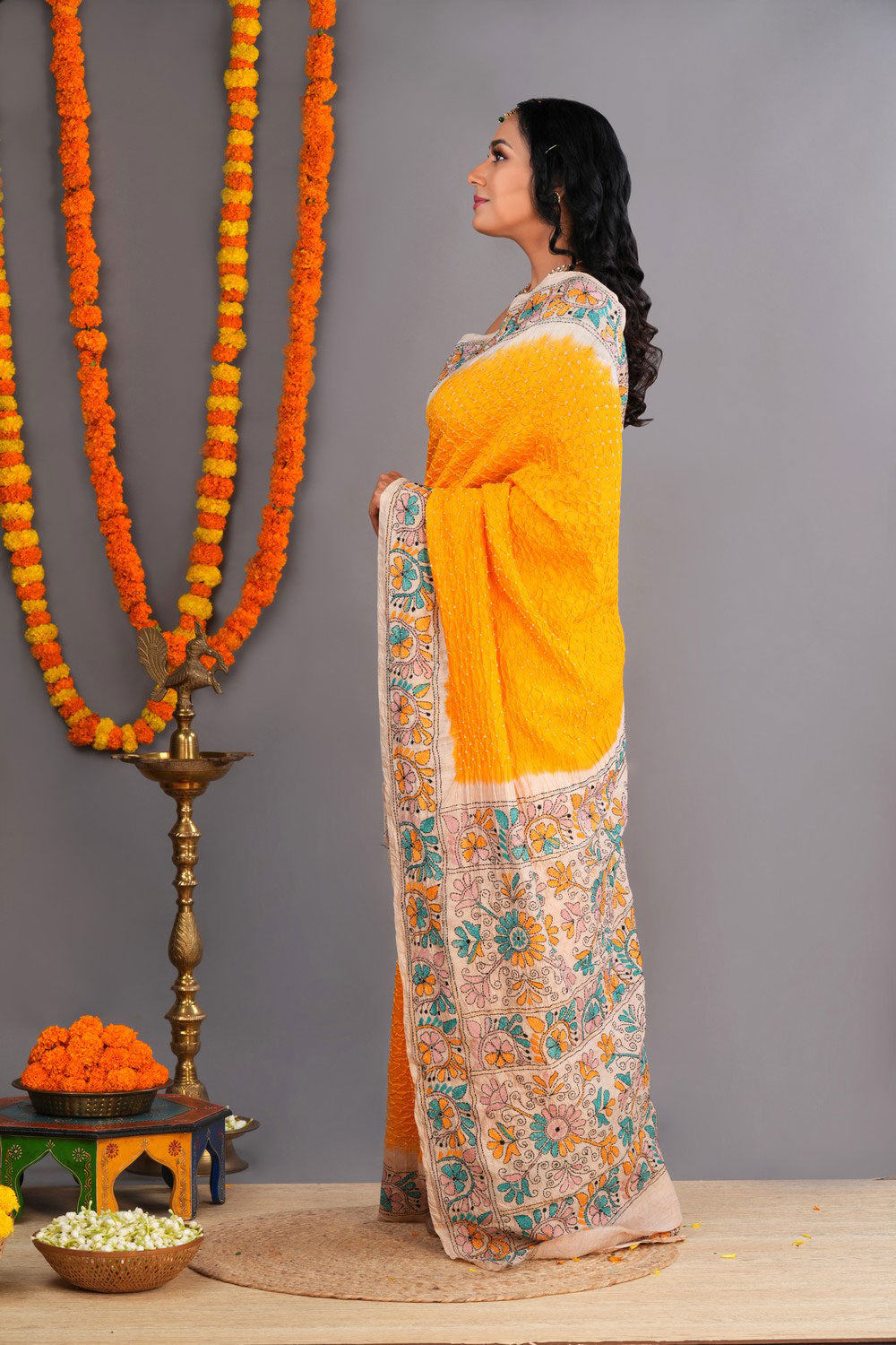 Image of Bandhani Saree With Kantha Embroidered Border