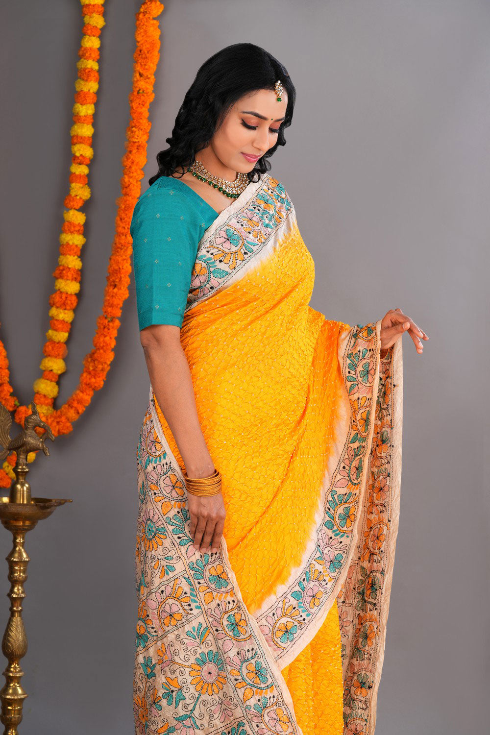 Image of Bandhani Saree With Kantha Embroidered Border