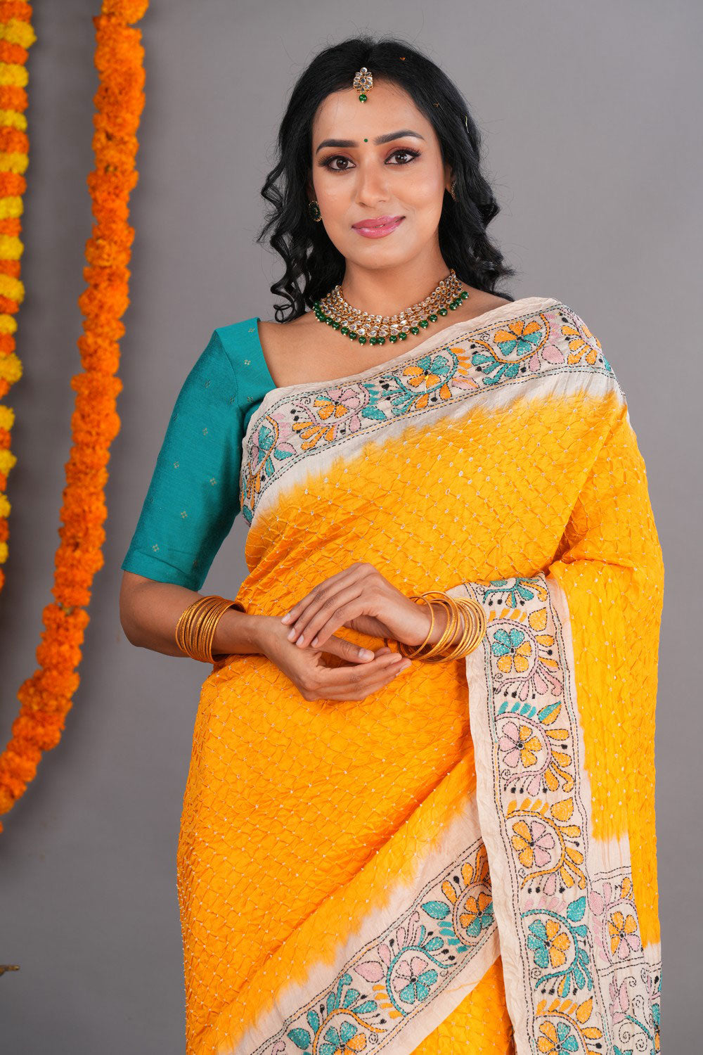 Image of Bandhani Saree With Kantha Embroidered Border
