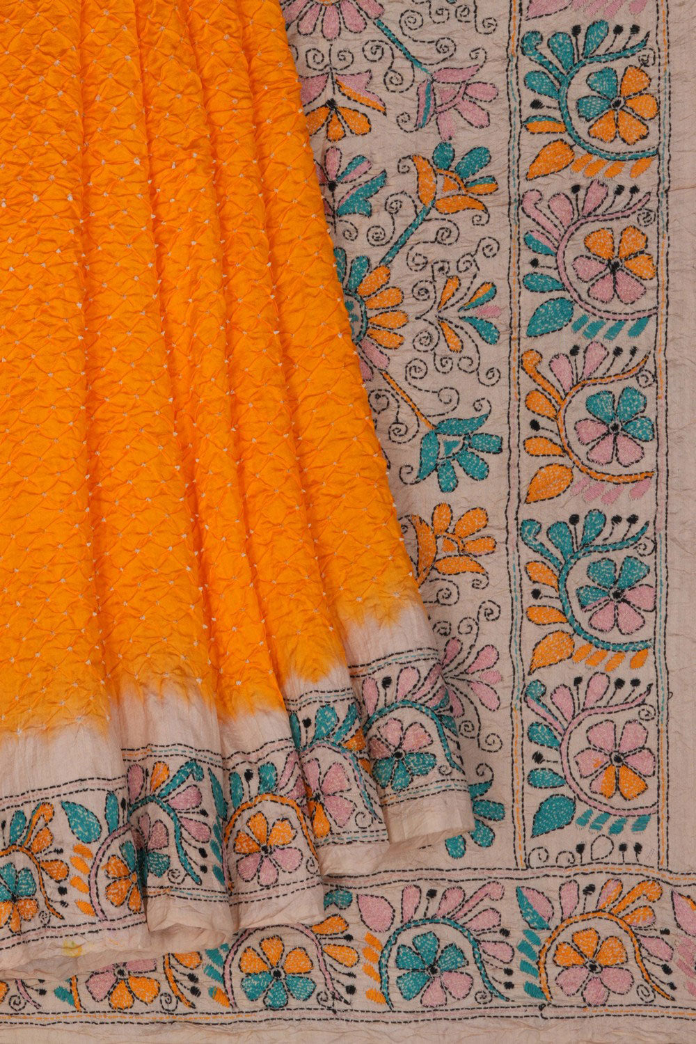 Image of Bandhani Saree With Kantha Embroidered Border