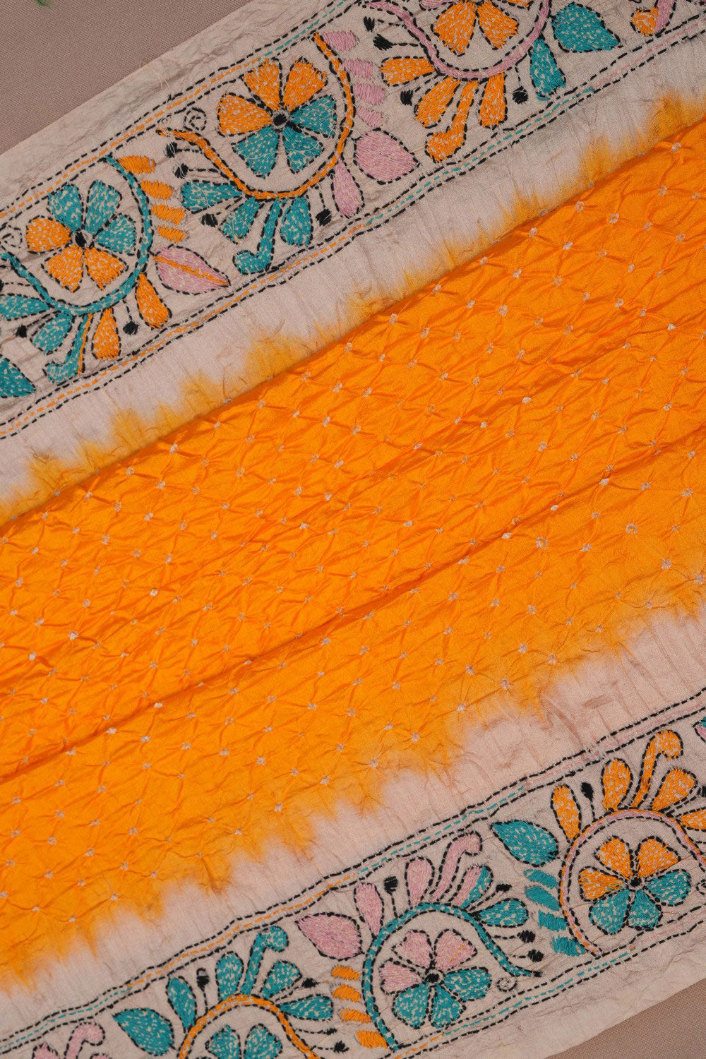 Image of Bandhani Saree With Kantha Embroidered Border