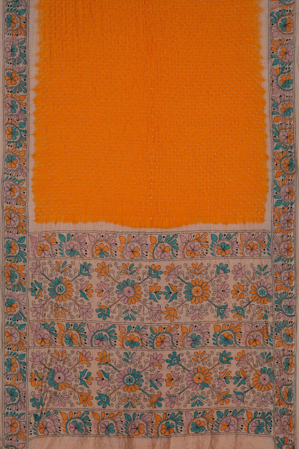 Image of Bandhani Saree With Kantha Embroidered Border
