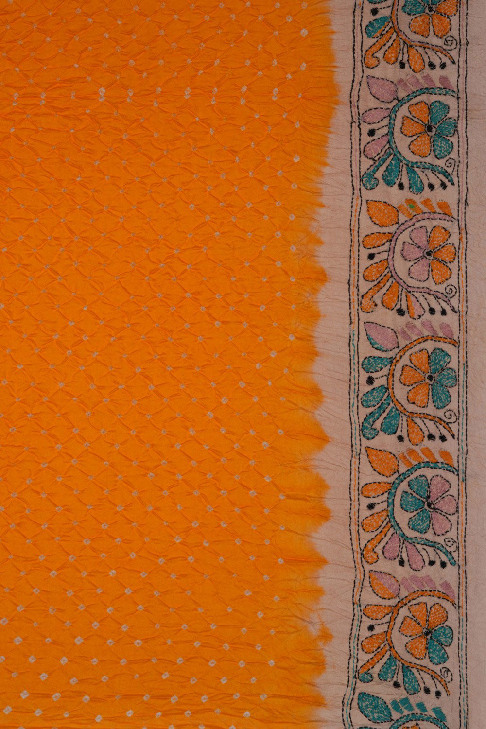 Bandhani Saree With Kantha Embroidered Border